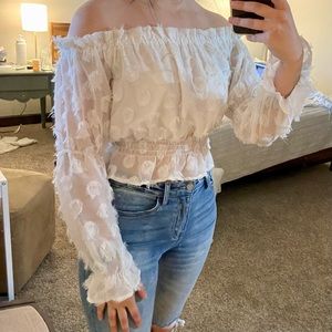 Crescent cropped white off the shoulder blouse